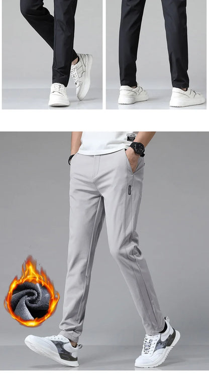 Korean Men's Warm Golf Pants Slim Straight Winter Thick Fleece Casual Pants Business Fashion Stretch Thermal Trousers Male
