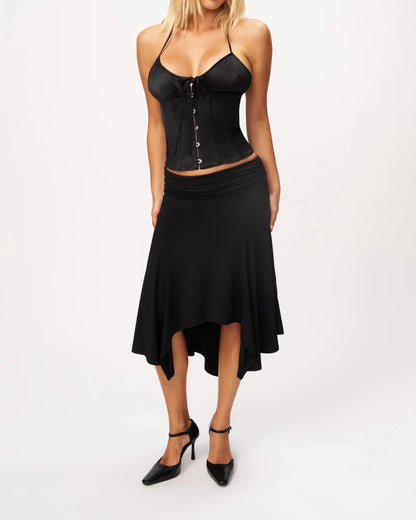 Guz Low-Waist Pleated Irregular Fishtail Skirt, Vintage Drapey Elastic Mid-Length Asymmetrical Hem Sexy Skirt, Pleated Irregular Mid-Length Skirt, Slimming Large Hem Fishtail Skirt, Black Drapey Skirt