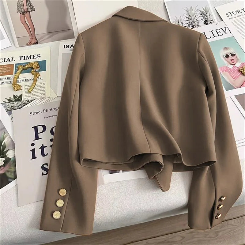 High-Quality Double Breasted Crop Blazer Women Korean Solid Long Sleeve Suit Coat Office Ladies Elegant Short Jacket Female Coat