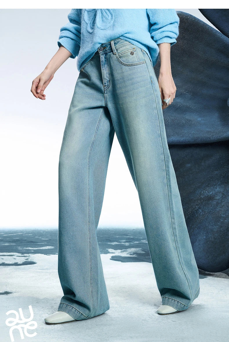 Women Denim Jeans 2025 Spring New Acetate Wide Leg Mid Low Waist Slim Fit Straight Wide Leg Pants