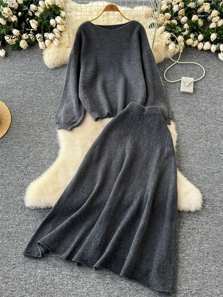 Autumn Casual Two Pieces Sets Women O-Neck Loose Knitting Top+Elastic Waist Large Swing Skirt Basic Korean Winter Sets