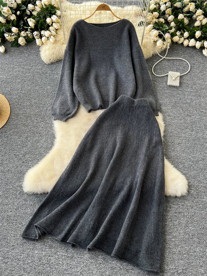 Autumn Casual Two Pieces Sets Women O-Neck Loose Knitting Top+Elastic Waist Large Swing Skirt Basic Korean Winter Sets
