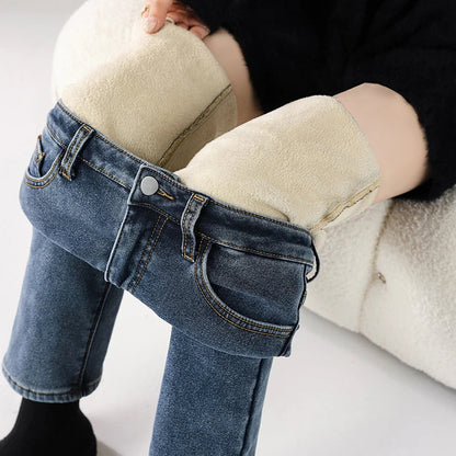 Winter Warm Jeans Women's Thickened Soft Comfortable Elastic Denim Pants Fashion Korean Straight Female Velvet Warm Clothing