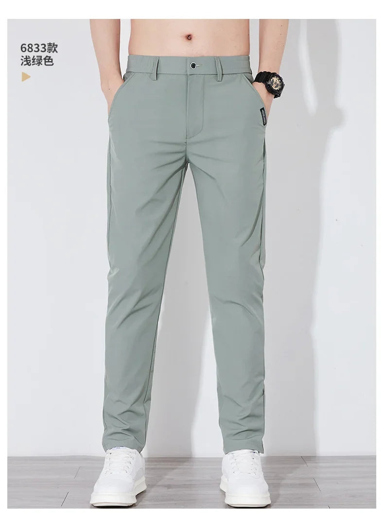Summer Silk Stretch Smooth Trousers Men Business Elastic Waist Korean Classic Thin Cool Black Gray Casual Suit Pants Male Brand