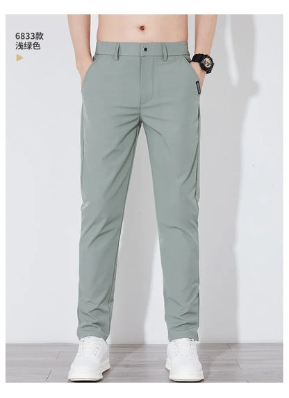 Summer Silk Stretch Smooth Trousers Men Business Elastic Waist Korean Classic Thin Cool Black Gray Casual Suit Pants Male Brand