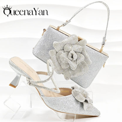 2025 Large Flower Design Shoes & Bag Nigerian Coffee Color Women's Stiletto Shoes For Special Good Time INS Style