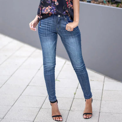 Women's Fashionable Elegant Casual Versatile Washed Cat's Whisker Pattern Skinny Fit Denim Jeans for Daily Wear