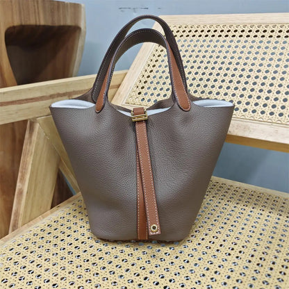 Top Layer Cowhide Leather Handbag European Sle Buet Bag Fre Vegetable Basket Ladies Handbag Soft Handle Casual Faion