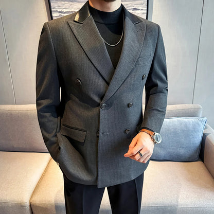 (1 Pcs Jackets) New Thicken Thicken Striped Casual Suit Jacket Fashion Splicing Leather Neck Men's Business Slim Blazers Tuxedos