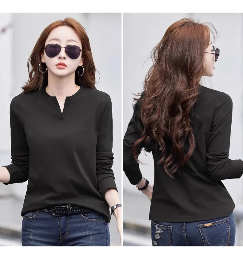 Spring and Autumn All Seasons Women's Long sleeved T-shirt Wine Red Pure Cotton New Fashion Large V-neck Slim fit Casual Top 3XL