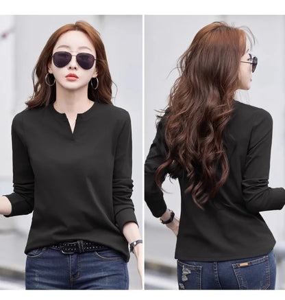 Spring and Autumn All Seasons Women's Long sleeved T-shirt Wine Red Pure Cotton New Fashion Large V-neck Slim fit Casual Top 3XL