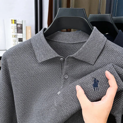 High-end Quality Men's Casual Outdoor Pineapple Pattern Knitted Long-sleeve Polo Shirt (eco-cotton, No Shrinkage No Deformation)
