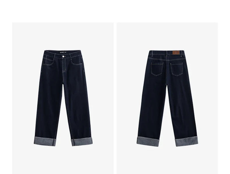 Women Denim Jeans 2025 Spring New Straight Wide Leg Rolling Up Ankle Length Cropped Pants