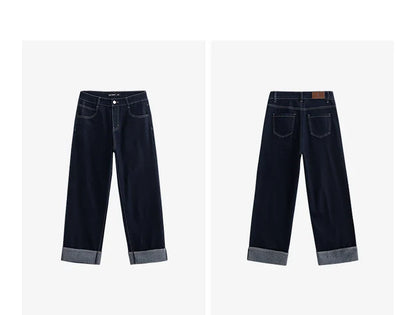 Women Denim Jeans 2025 Spring New Straight Wide Leg Rolling Up Ankle Length Cropped Pants