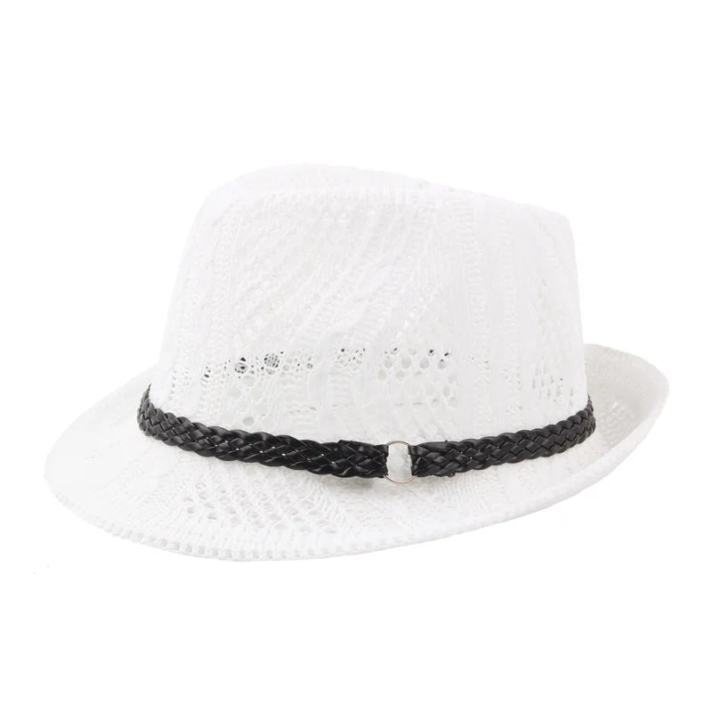 Summer Women's Knitted Mesh Breathable Curled Jazz Hat Leather Belt Panama Hat