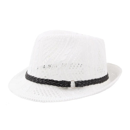 Summer Women's Knitted Mesh Breathable Curled Jazz Hat Leather Belt Panama Hat