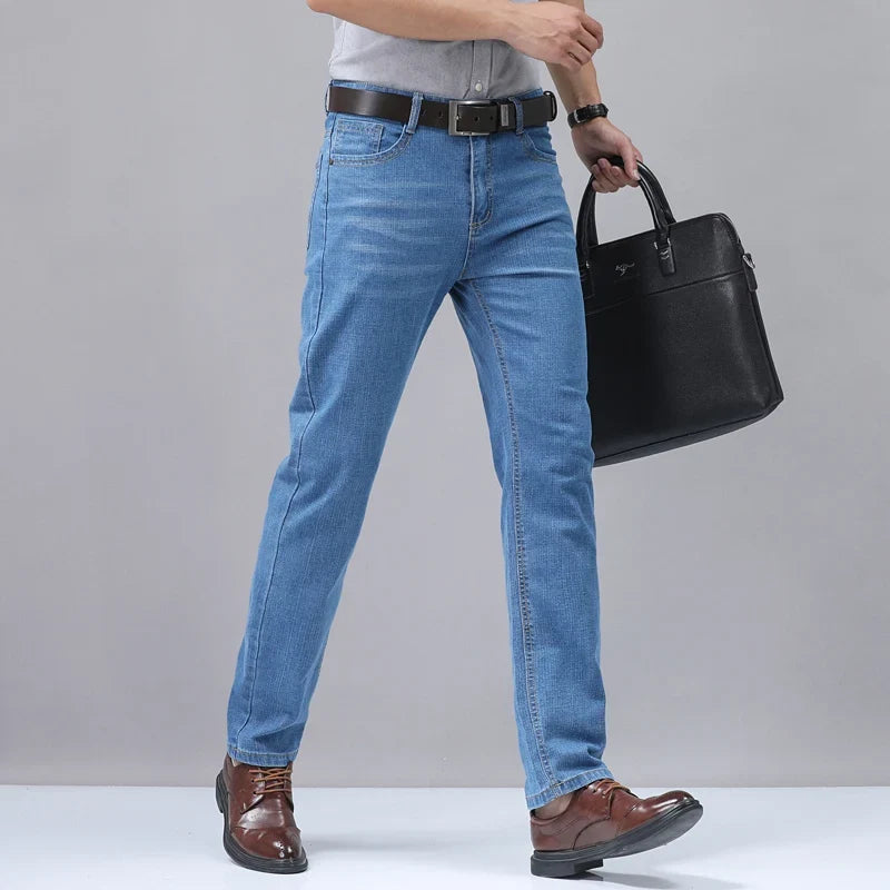 2025 New Light Blue Men's Comfort Soft Jeans Fashion Straight Business Pants Cotton Soft Casual Stretch Denim Trousers 28-40