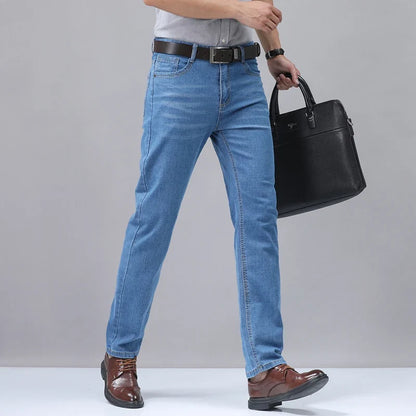 2025 New Light Blue Men's Comfort Soft Jeans Fashion Straight Business Pants Cotton Soft Casual Stretch Denim Trousers 28-40