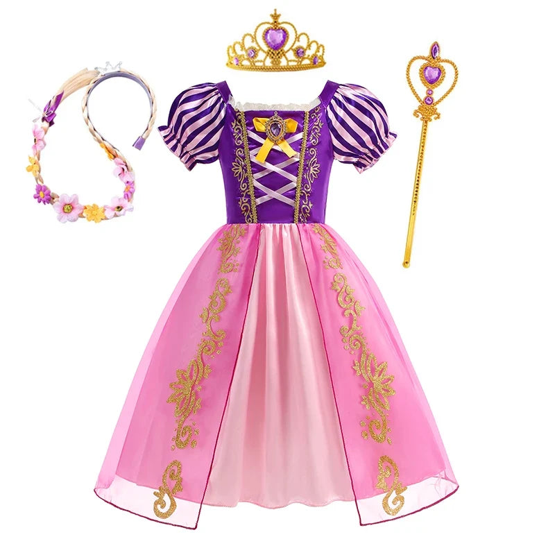 Disney Rapunzel Princess Dress Girl Purple Puff Sleeve Cosplay Tangled Costume Halloween Vestido Kids Birthday Ball Gown Clothes