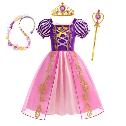 Disney Rapunzel Princess Dress Girl Purple Puff Sleeve Cosplay Tangled Costume Halloween Vestido Kids Birthday Ball Gown Clothes