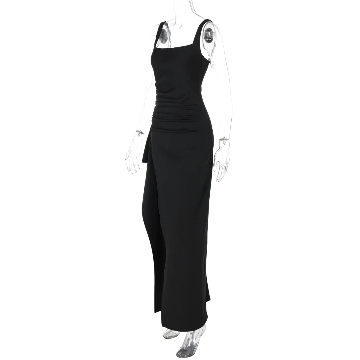 Women Elegant Solid Straps Slit Ruched Patchwork Sexy Bodycon Maxi Dress Summer Outfits Evening Party Birthday Festival