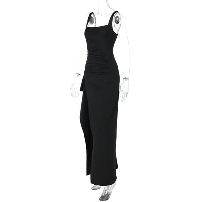 Women Elegant Solid Straps Slit Ruched Patchwork Sexy Bodycon Maxi Dress Summer Outfits Evening Party Birthday Festival