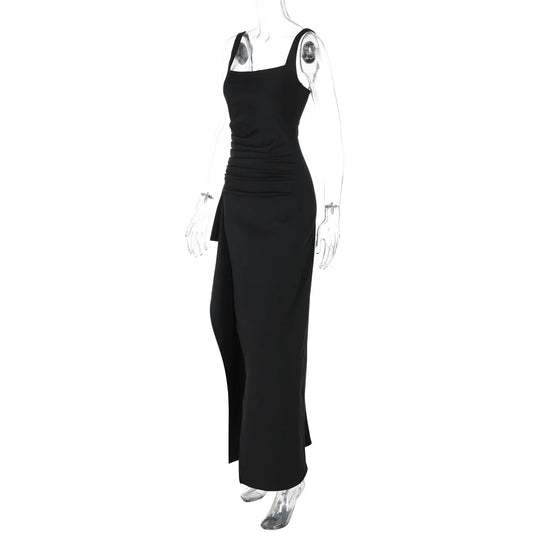 Women Elegant Solid Straps Slit Ruched Patchwork Sexy Bodycon Maxi Dress Summer Outfits Evening Party Birthday Festival