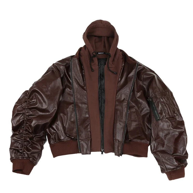 Autumn Winter Cool Handsome Oversized Brown Thickened Warm Leather Jacket Men with Hood Fake 2 Piece European Clothes