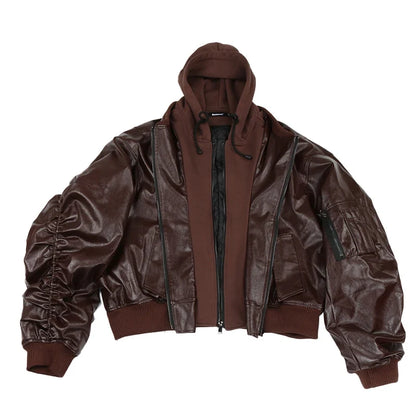 Autumn Winter Cool Handsome Oversized Brown Thickened Warm Leather Jacket Men with Hood Fake 2 Piece European Clothes