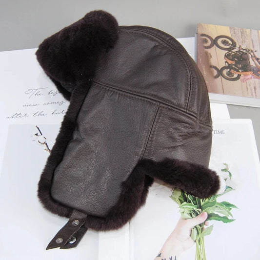 Winter Russian Man & Woman Wholeskin Natural Rex Rabbit Fur Hats Luxury Real Sheep Skin Leather Cap Unisex Real Fur Bomber Hat