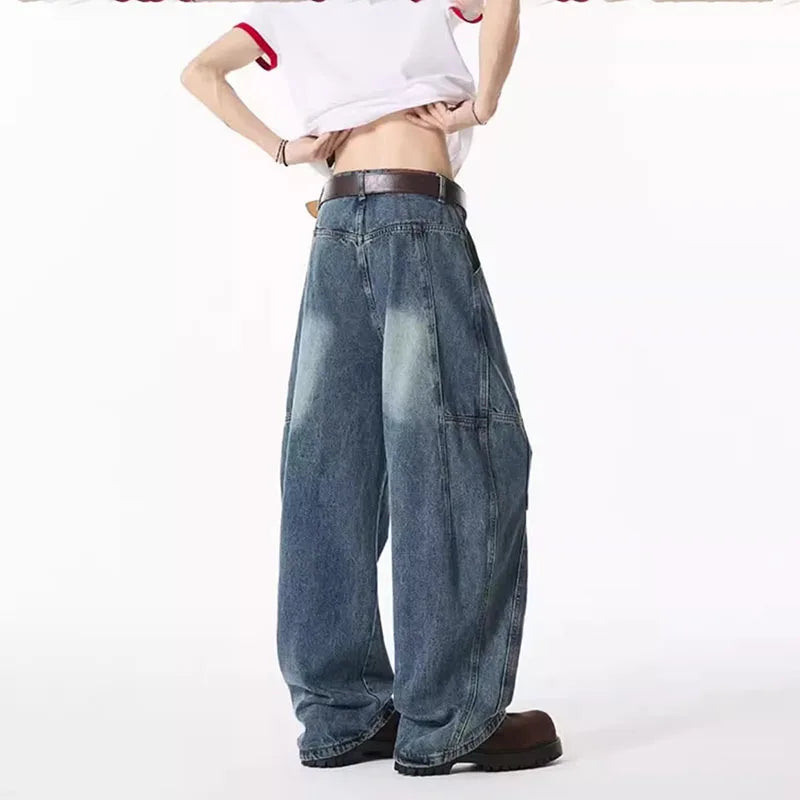 Spring And Summer Retro Blue Curved Knife Jeans Korean Version Men'S Loose Straight Leg Pants Wide Leg Casual Pants