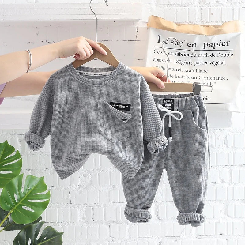 Spring Autumn Children Clothes Baby Boys Cotton Solid Waffle Sweatshirt + Pants 2Pcs Set Toddler Fashion Costume Kids Tracksuits