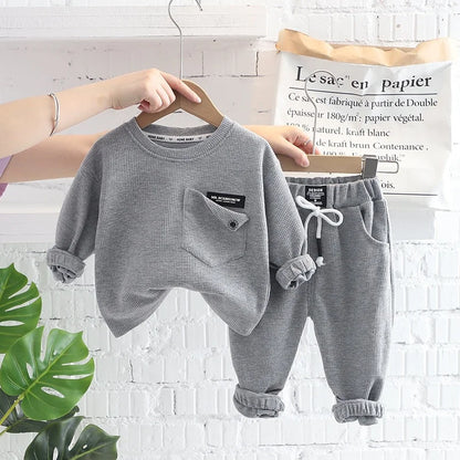 Spring Autumn Children Clothes Baby Boys Cotton Solid Waffle Sweatshirt + Pants 2Pcs Set Toddler Fashion Costume Kids Tracksuits