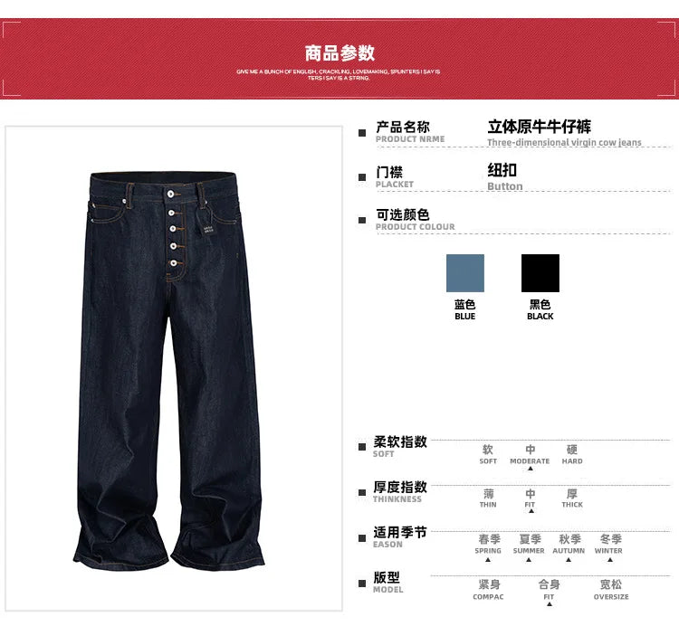 High Street Cleanfit Drak Blue Jeans for Men and Women Straight Vintage Casual Denim Trousers ZJ089