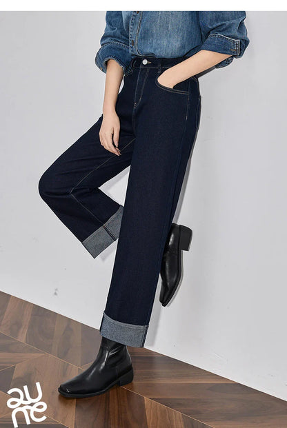 Women Denim Jeans 2025 Spring New Straight Wide Leg Rolling Up Ankle Length Cropped Pants