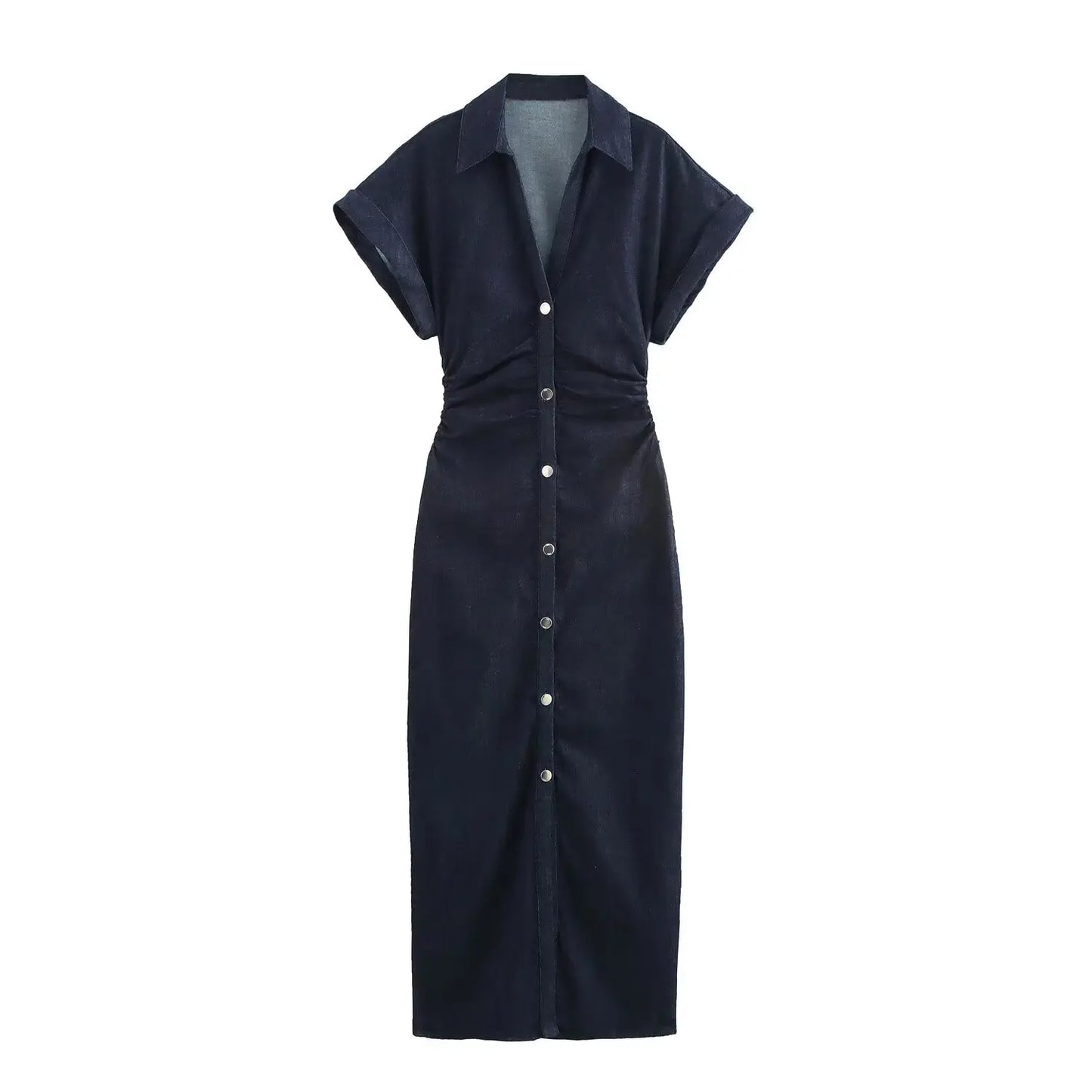 2025  Spring New 1975 series denim MIDI dress with lapel side zipper fashion wrinkle waist slim elegant dress