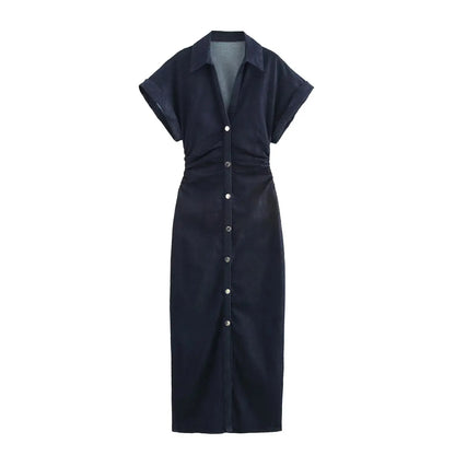 2025  Spring New 1975 series denim MIDI dress with lapel side zipper fashion wrinkle waist slim elegant dress