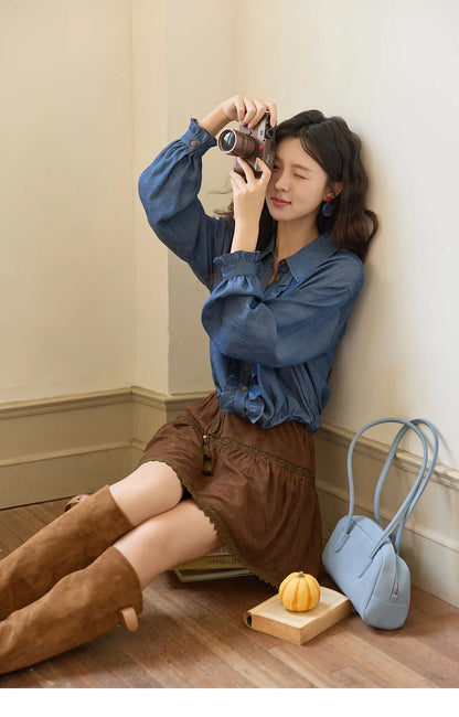 Blue Lyocell Imitation Denim Shirt for Women Autumn 2025 Ruffled Placket Contrasting Button Waist Cinc Shirt MXE43C2386