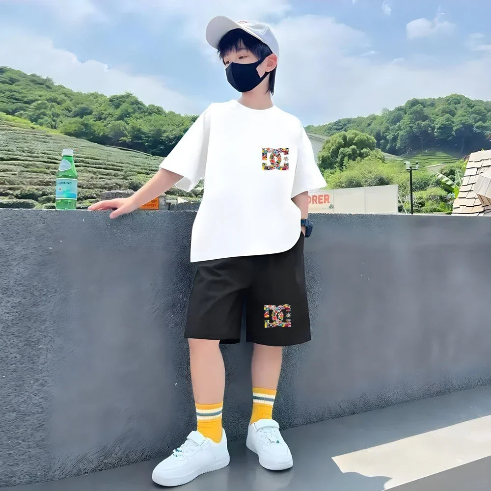 Children T-shirt+Shorts 2P Summer Clothing Fashion Print Boy Girl Toddler 3-12Yrs Sports Short-Sleeved Casual Fashion Set