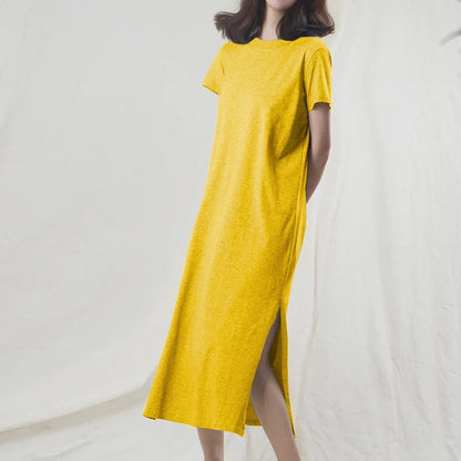 Original Casual 94% Cotton Summer Women's Dresses Solid Short Sleeve Spilt Long Midi Dress Fashion Sundress Female Clothing
