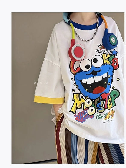 Summer Boys Cotton Contrast Cartoon T-Shirt Tops+Loose Colored Stripes Pant Set School Kids Tracksuit Child 2PCS Outfit 5-16 Yrs