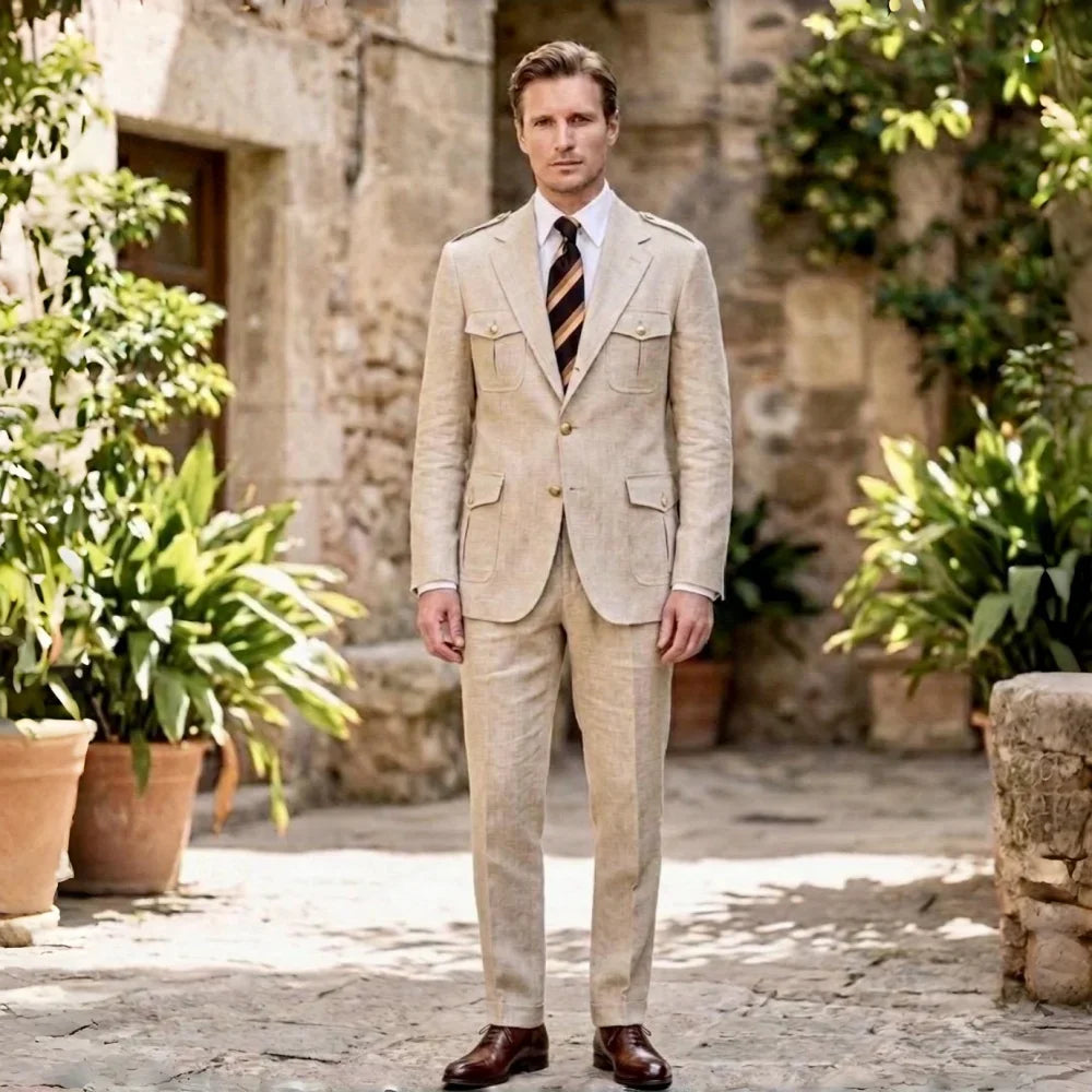 Linen Safari Suits Custom Tailored Separates 2 Pieces Blazer Pants for Men Summer Wedding Groom Tuxedo Trajes Para Hombre