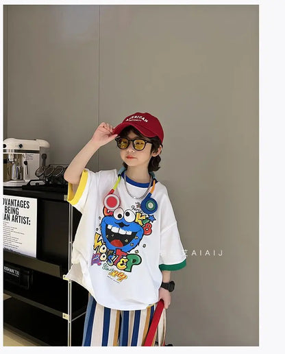 Summer Boys Cotton Contrast Cartoon T-Shirt Tops+Loose Colored Stripes Pant Set School Kids Tracksuit Child 2PCS Outfit 5-16 Yrs