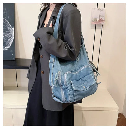 Solid Color Denim Trendy Shoulder Bag for 2025 High Quality Fashion Zipper Large Capacity Versatile Women's Crossbody Bag