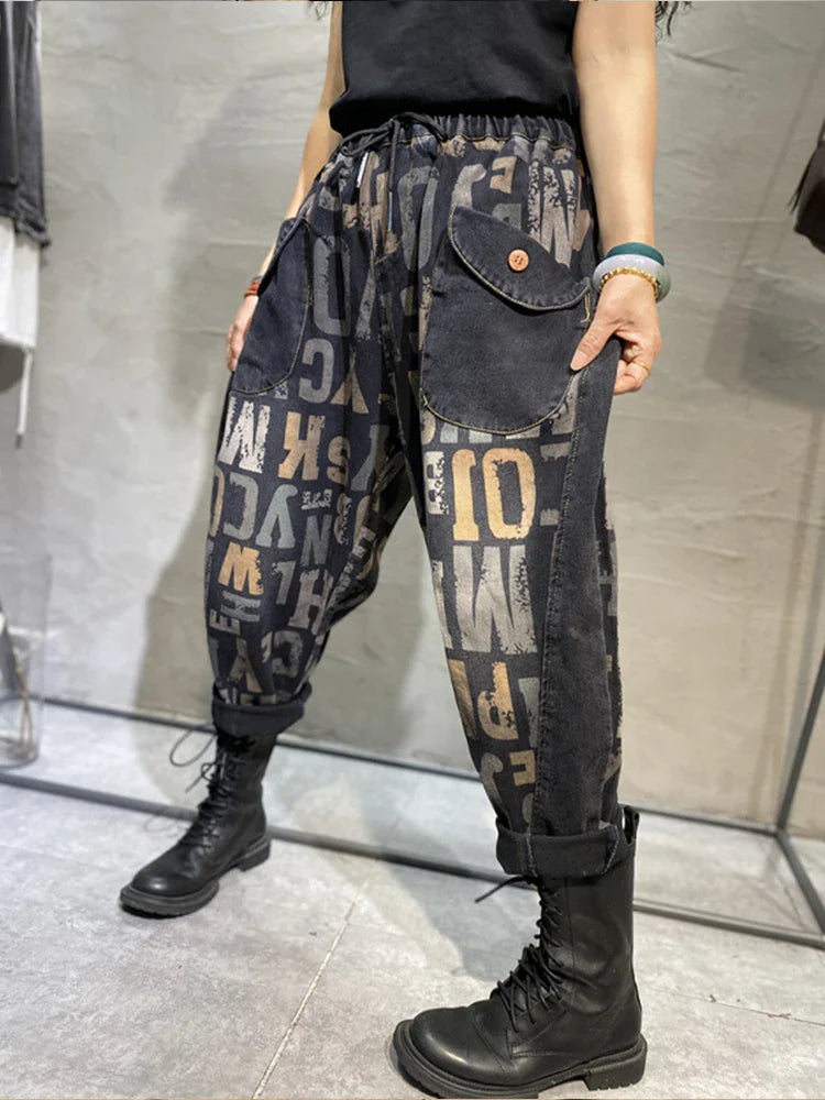 Korean Design Womens Printed Loose Jeans Fall Fashion Letter Elastic Denim Pants Ladies Leisure Punk Harem Trousers