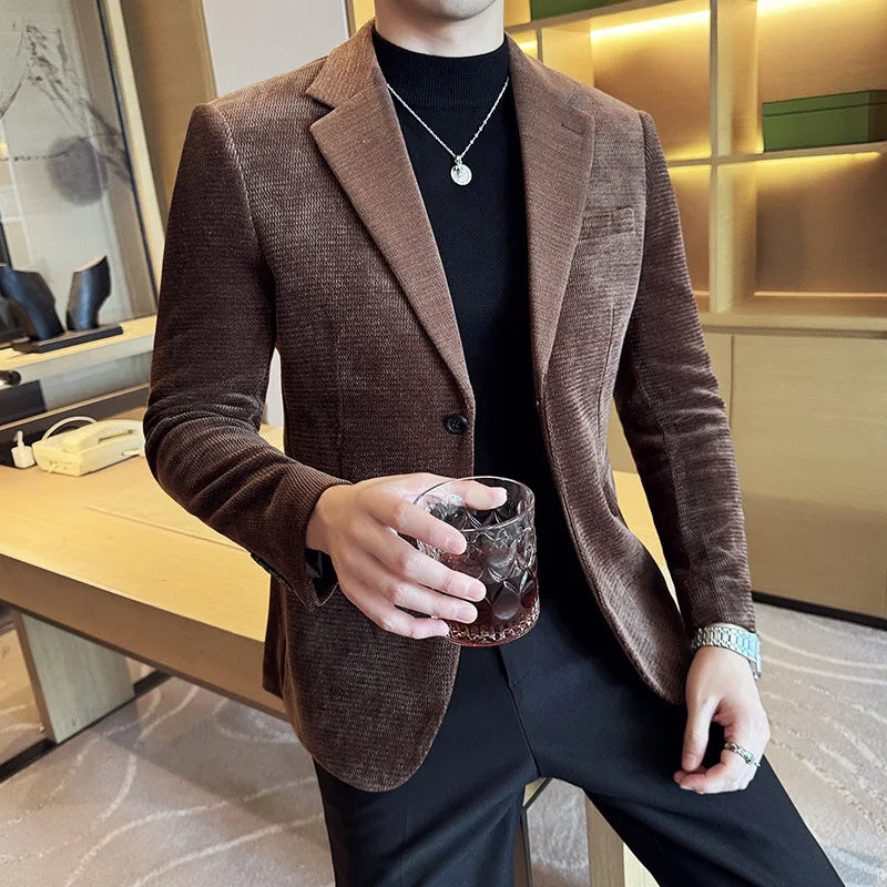 Autumn Winter Fashion Seaweed Pattern Suit Jacket High Quality Luxury Slim Fit Casual Men's Blazers Coats Social Prom Tuxedo