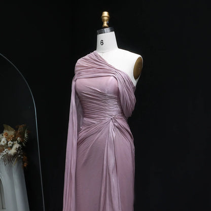 2026 Women's Elegant Evening Dresses with Draped Cape Formal Birthday Gown Pink One Shoulder Arabic SF199 Customized