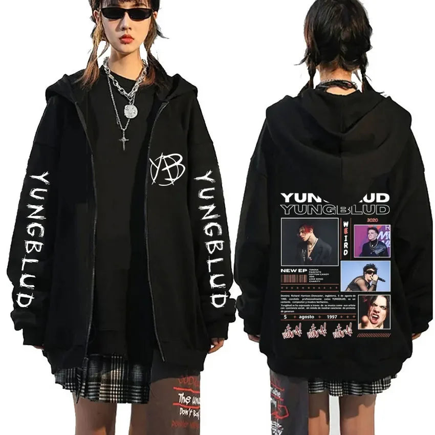 Singer Yungblud Black Hearts Club Zipper Hoodie Male Fleece Cotton Zip Up Hoodies Men Women Rock Vintage Oversized Zip Up Jacket