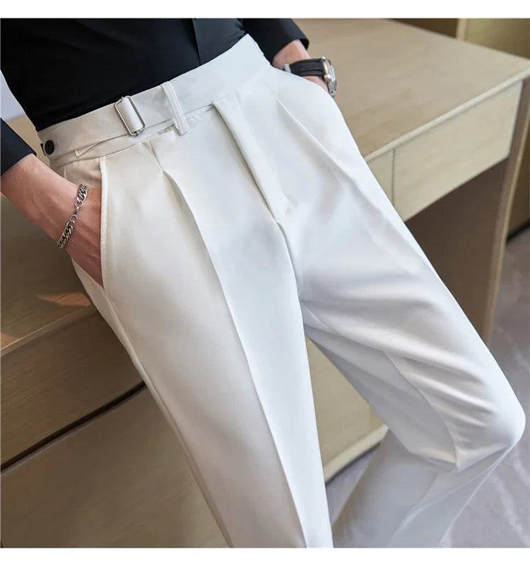 2026 Texture Naples Men's Solid Color Casual Pants Fashion Belt Design Slim Fit Suit Pants Formal Wear Wedding Social Trousers