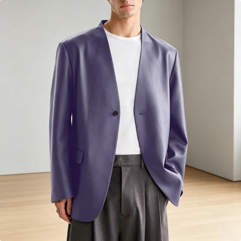 Luxury Men's PU Leather Blazer Collarless Jacket Loose 1 Button Elegant Solid Color Coat for Party Wedding Office Daily Wear